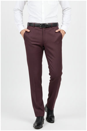 Raymond Super 120’s polywool trousers and suiting fabric in wine color, showcasing the fabric texture and tailored fit.