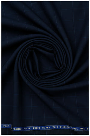 Raymond Luxurious navy blue polywool self-check trousers fabric, unstitched textile for tailoring or suit making.