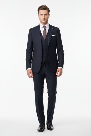 Navy blue Mafatlal unstitched poly viscose trouser and suiting fabric, detailed view of the textile pattern and fabric texture.