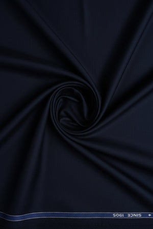 Navy blue Mafatlal unstitched poly viscose trouser and suiting fabric, soft and smooth textile for custom suits and trousers.