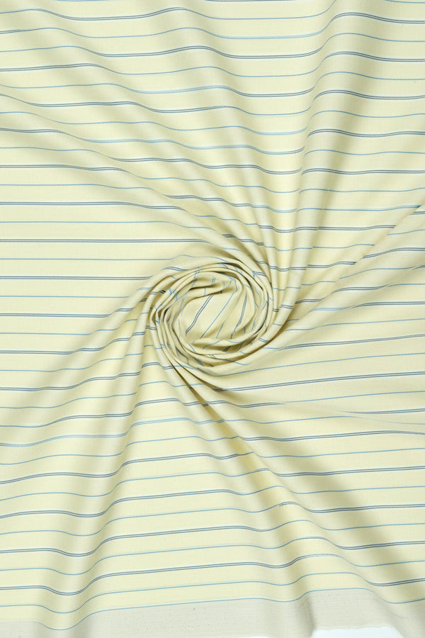 Arvind Tresca Giza Cotton striped shirt fabric in lime yellow, showcasing the textured striped pattern and vibrant color.