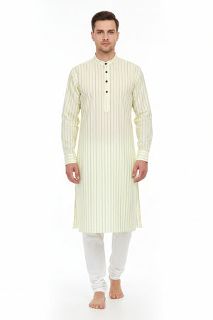Arvind Cotton Shirting Fabric in lime yellow with white and darker yellow stripes, suitable for unstitched shirt projects.