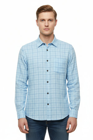 Blue Arvind Tresca linen shirt fabric with check pattern, ideal for stylish men's shirts.