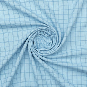 Blue Arvind Tresca linen shirt fabric with check pattern, showcasing the textured linen material and detailed design.