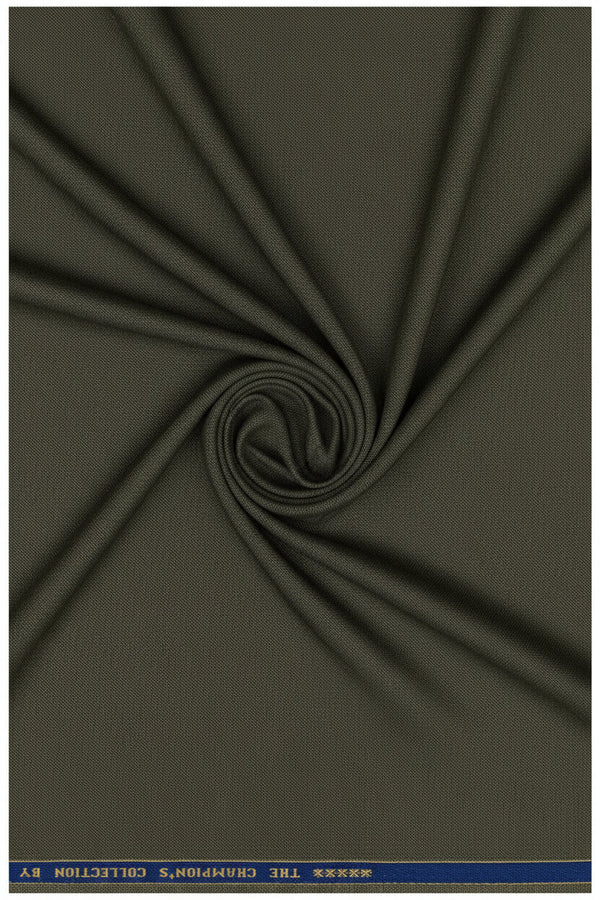 Raymond Polywool trousers and suiting fabric in olive, premium wool blend material, close-up showing texture and fabric detail
