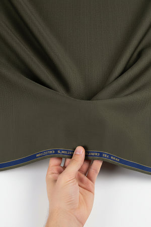 Olive Raymond Polywool trousers and suiting fabric with a smooth wool blend texture, ideal for tailored garments.