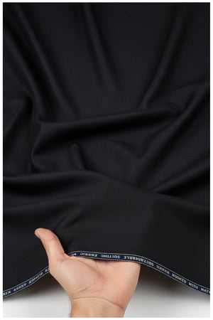 Black Raymond polywool unstitched trousers and suiting fabric, showcasing luxurious woven textile for tailoring or suit making.