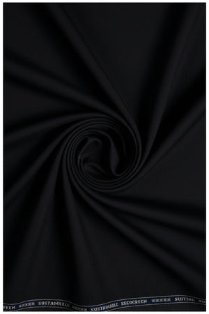 Black Raymond Polywool fabric for trousers and suiting, shown as luxurious unstitched material with detailed texture.