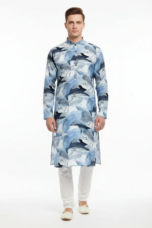 Blue Arvind Tresca cotton digital print shirting fabric with intricate pattern, suitable for stylish men's or women's shirts.