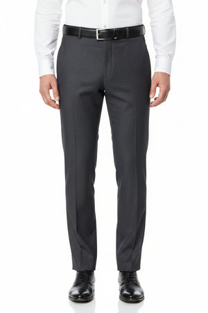 Charcoal grey Mafatlal unstitched poly viscose trouser and suiting fabric, showing textured fabric with subtle sheen and fabric details.