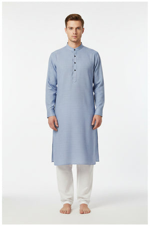 Steel blue Mafatlal cotton checks unstitched shirting fabric shown in a close-up image.
