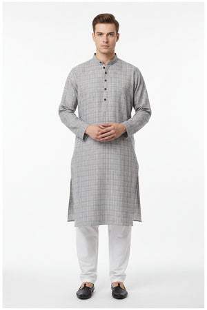 Grey Arvind cotton shirt fabric with check pattern, featuring a smooth texture and classic design.