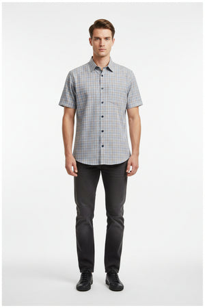 Grey Arvind cotton shirt fabric with check pattern, showing close-up of the textured woven material.
