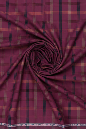 Boysenberry purple Arvind Tresca cotton shirt fabric with check pattern, unstitched Giza cotton textile for shirts.