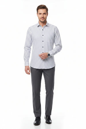 Black and white striped cotton Tresca shirt fabric by ARVIND, showing a close-up of the premium premium cotton material.