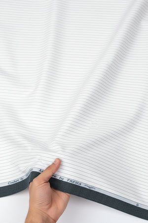 Black and white striped Arvind Tresca shirt fabric featuring premium cotton with a classic, textured design.