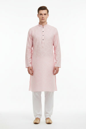 Light pink Arvind Tresca Jacquard cotton shirting fabric, unstitched textile with intricate woven pattern.