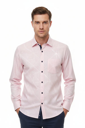 Light pink Arvind Tresca Jacquard Cotton shirting fabric with intricate woven pattern for custom dress shirts or tailored clothing.