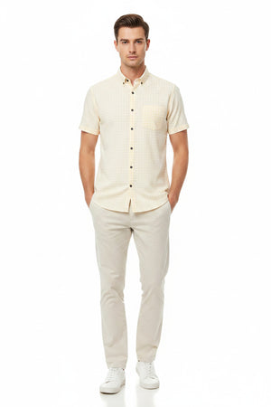 readymade shirt with Beige fabric swatch.