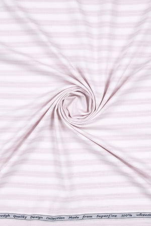 Light pink and white striped Arvind Tresca shirt fabric made from Giza cotton, shown in a close-up image.