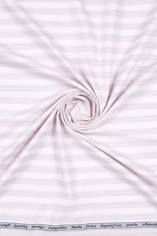 Light pink and white striped Arvind Tresca shirt fabric made from Giza cotton, shown in a close-up image.