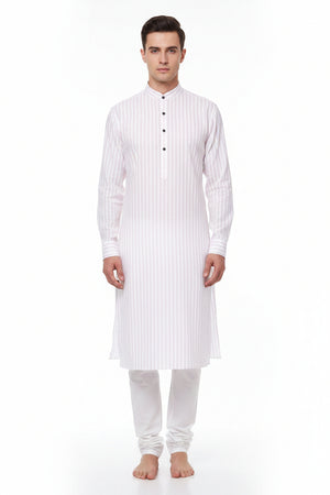 Light pink and white striped Arvind Tresca Giza cotton shirt fabric close-up showing soft, high-quality woven textile with fine pattern details.