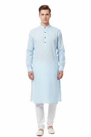 Sky blue Arvind Tresca Giza cotton shirt fabric with check pattern, showcasing soft, woven textile suitable for shirt making.