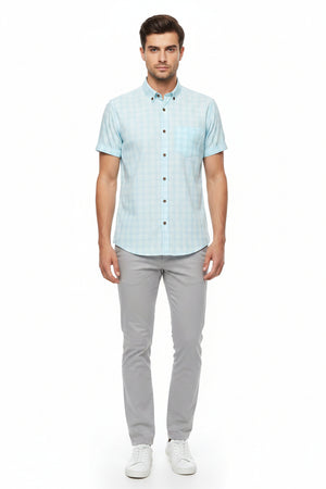Sky blue Arvind Tresca cotton shirt fabric with check pattern, made from Giza cotton for a soft, breathable textile.