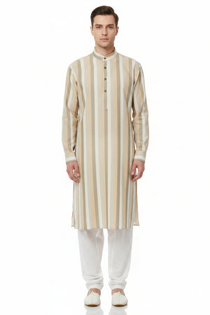 Beige Arvind Tresca shirt fabric made of Giza cotton with a striped pattern, ideal for stylish shirt designs.