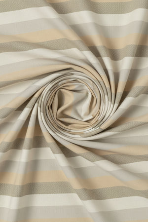 Beige striped Arvind Tresca shirt fabric made from Giza cotton, showcasing a soft, smooth texture and high-quality weave.