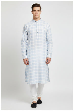 Sky blue Arvind Tresca Giza cotton check shirt fabric with a checkered pattern, ideal for custom shirts.