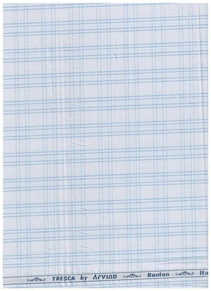 Sky blue Arvind Tresca Giza cotton shirt fabric with check pattern, showcasing a soft, woven textile ideal for shirts.