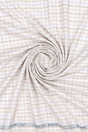 Brown and white checked cotton shirt fabric by ARVIND Tresca, featuring a premium quality cotton material and classic checkered pattern.
