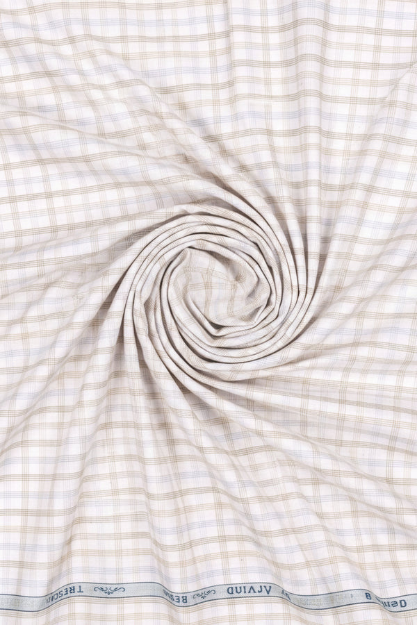 Brown and white checked cotton shirt fabric by ARVIND Tresca, featuring a premium quality cotton material and classic checkered pattern.
