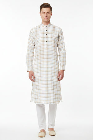 Brown checkered Arvind Tresca cotton shirt fabric with white background, premium quality textile for shirt making.