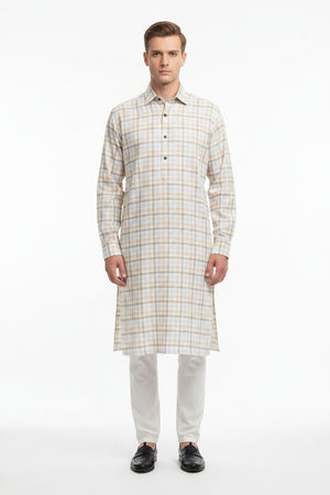 readymade kurta Checkered fabric with on a beige and white checkered pattern