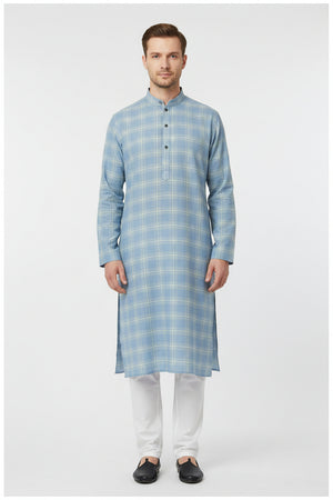 Steel blue Arvind Tresca Giza cotton shirt fabric with checkered pattern, showcasing soft cotton texture and detailed weave.