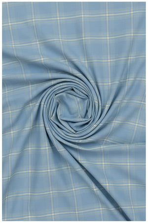 Steel blue Arvind Tresca shirt fabric in Giza cotton with check pattern, showcasing a close-up of the textured textile.