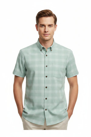 Mint green Arvind Tresca cotton shirt fabric with check pattern, premium quality textile for custom shirts.