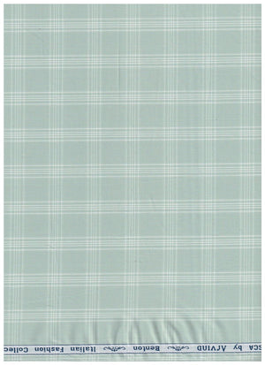 Mint green Arvind Tresca shirt fabric with check pattern, premium cotton material, close-up view of the textile design.