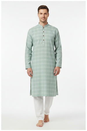 Mint green Arvind Tresca cotton shirt fabric with check pattern, showcasing soft, premium cotton material and detailed woven design.