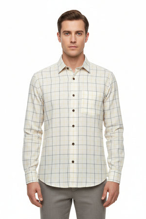 Yellow Arvind Tresca shirt fabric with check pattern, premium cotton material, suitable for shirt making.