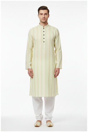 Arvind Tresca Giza Cotton shirt fabric in khaki multicolor stripe pattern, showcasing soft, high-quality cotton textile.
