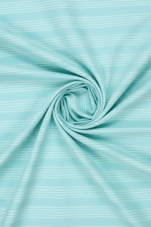 Turquoise blue Arvind Tresca cotton striped unstitched shirting fabric, suitable for shirts and clothing projects.