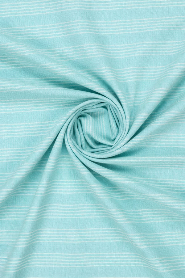 Turquoise blue Arvind Tresca shirt fabric in premium cotton with a striped pattern, ideal for stylish shirt making.