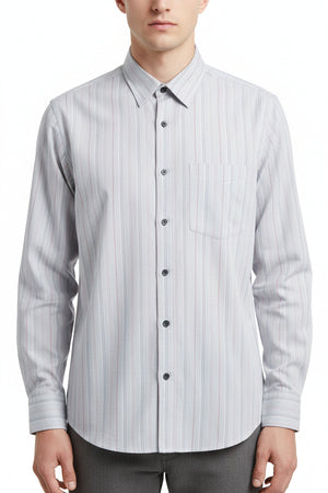 Arvind Tresca cotton unstitched shirting fabric with pink and black stripes on grey background, suitable for custom shirts.