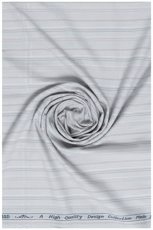 Arvind Tresca shirt fabric with pink and black stripes on grey background, premium cotton material, close-up view of the textile pattern.