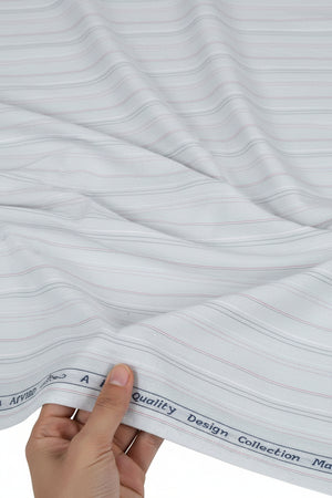 Pink and black striped Arvind Tresca cotton shirt fabric on grey background, showcasing the premium textile pattern and texture.