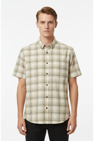 Beige Arvind Tresca shirt fabric with check pattern, premium cotton material, suitable for tailored shirts.