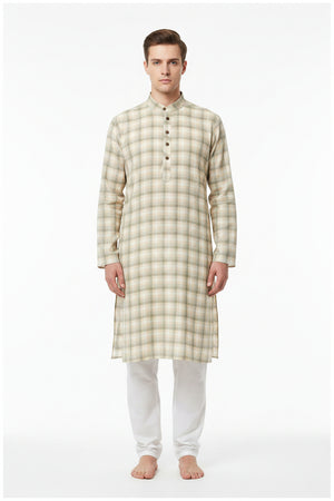 Beige Arvind Tresca shirt fabric with checkered pattern, premium cotton material shown in the image.